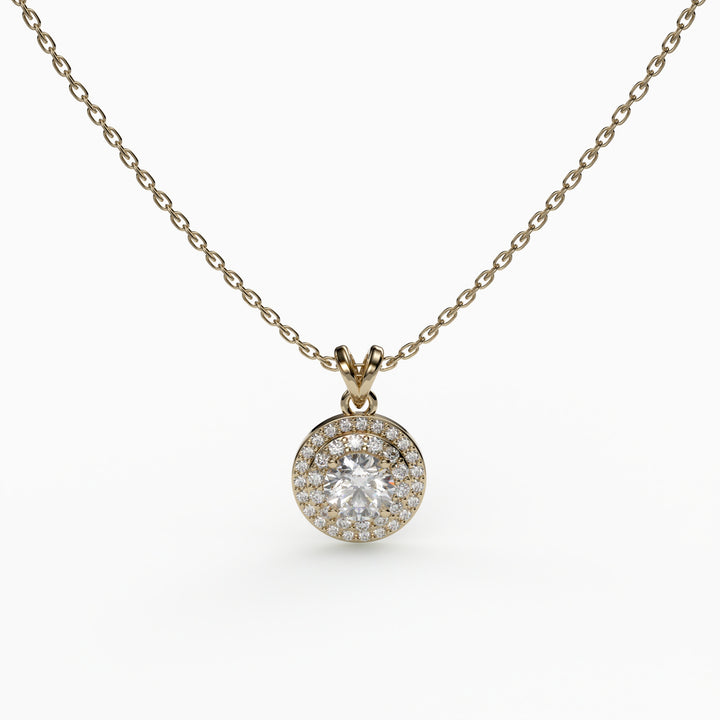 Double Halo Round Cut Simulated Diamond Gold Plated Necklace