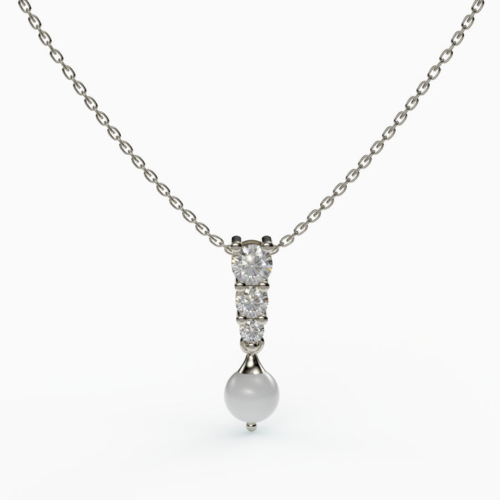 Pearl 3 Stone Round Diamond With Pearl 925 Sterling Silver Necklace