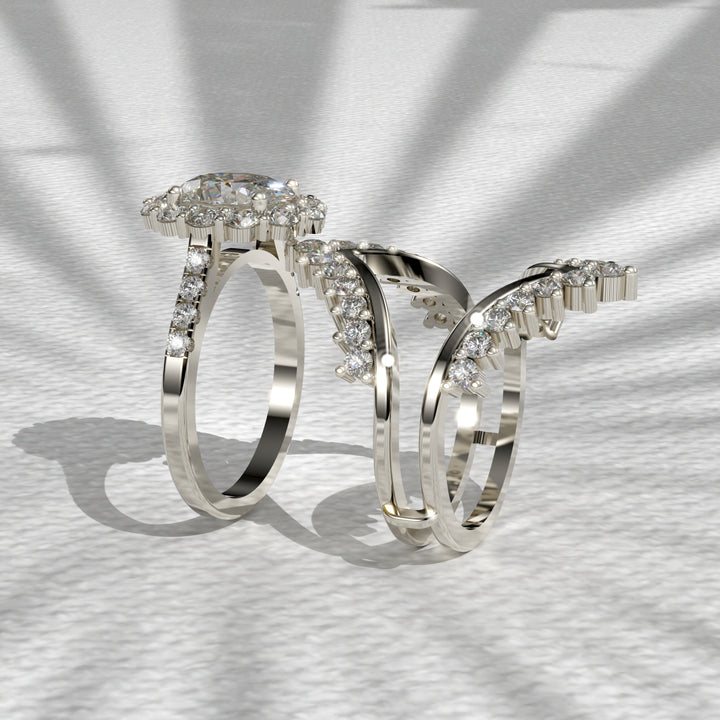 Oval Moissanite Halo Unique Wedding Ring Set, Moissanite Ring Set