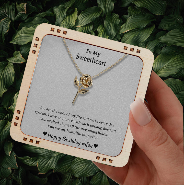 To My Wife - Happy Birthday My Wifey, 18K Gold Plated Rose Necklace From Husband