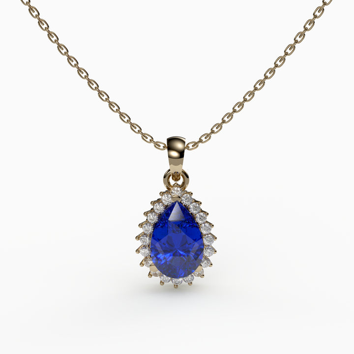 Hear Pear 4ctw Blue Sapphire Halo Necklace